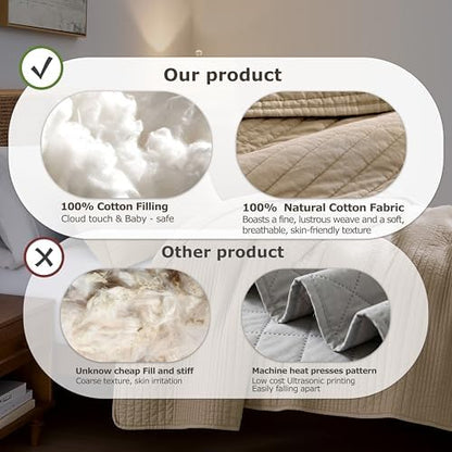 PALASSIO Striped Dark Beige 100% Cotton Quilt California Cal King Size Bedding Set, Oversized Lightweight Channel Pick Stitch Textured Bedspread Soft Farmhouse Country Coverlet for All Season, 2 Shams