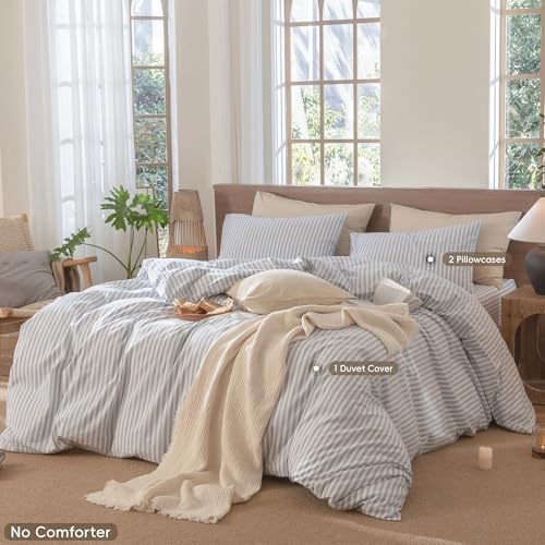 MooMee Striped Duvet Cover Set 100% Washed Cotton Linen Like Super King