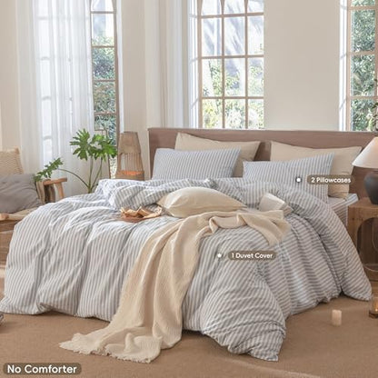 MooMee Striped Duvet Cover Set 100% Washed Cotton Linen Like Super King