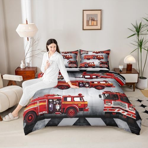 Manfei Fire Truck Comforter Set Twin Size Red Fire Engine Duvet Insert Cartoon Firemen Car Vehicle Bedding Set 2pcs for Kids Boys Teens Firefighter Transportation Dowm Comforter with 1 Pillowcase