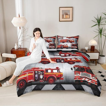 Manfei Fire Truck Comforter Set Twin Size Red Fire Engine Duvet Insert Cartoon Firemen Car Vehicle Bedding Set 2pcs for Kids Boys Teens Firefighter Transportation Dowm Comforter with 1 Pillowcase