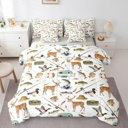 Erosebridal Hunting and Fishing 7 Piece Bed in A Bag Queen Comforter Set Mallard Duck Deer Hunting Bedding Set Boys Bass Fish Camper Car Sheet Set with Comforter Rustic Cabin Lake House Wild Quilt