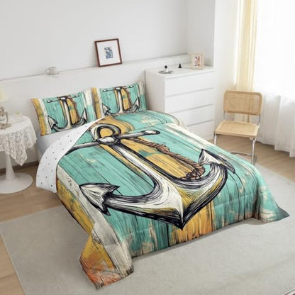 Erosebridal Anchor Comforter Set Twin Size for Boys, Ocean Navigation Theme Duvet Insert for Kids Teens Bedroom Gift, Vintage Brown Wooden Board Decor Bedding Set Marine Life Decorative Soft Quilt