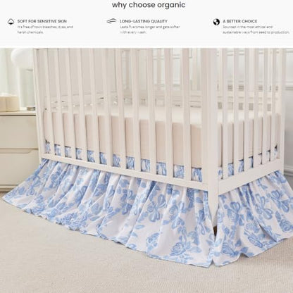 Brandream Organic Cotton Crib Skirt Dust Ruffle, Baby Girl Crib Bed Skirt, 4-Sided, Luxury French Vintage Blue Rose Floral & Bow Cottagecore Toddler Bedskirt Farmhouse Chic Nursery Bedding Skirt