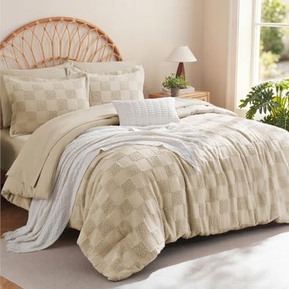 MR&HM King Size Comforter Set 7 Pieces, Checkered Boho Tufted Bed Set Linen
