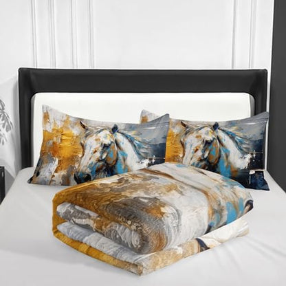 Nttopship Horse Canvas Comforter Set Twin Size,100% Soft Ultra-fine Fiber Four Season White Horse Comforter Set with 1 Comforter and 2 Pillow Case