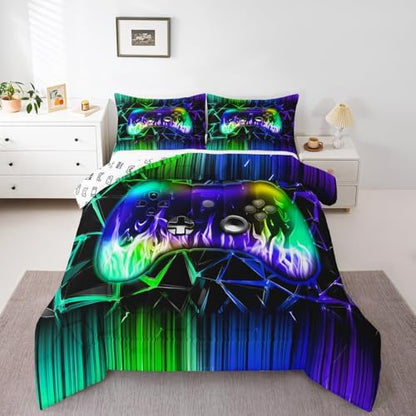 Castle Fairy Modern Gamepad Twin Size Comforter Set for All Seasons,Kids Reversible Gaming Bedding Set Teens Bedroom Decor,Green Blue Honeycomb Comforter Inner Fill with 1 Pillowcase