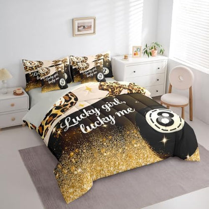 Erosebridal Y2K Lucky 8 Ball King Bedding Set 7 Piece for Boys Girls Preppy Fashion Leopard Bowknot Comforter Set for Kids Adults,Golden Glitter Print Bed in A Bag Funky Trendy Aesthetic Bed Set