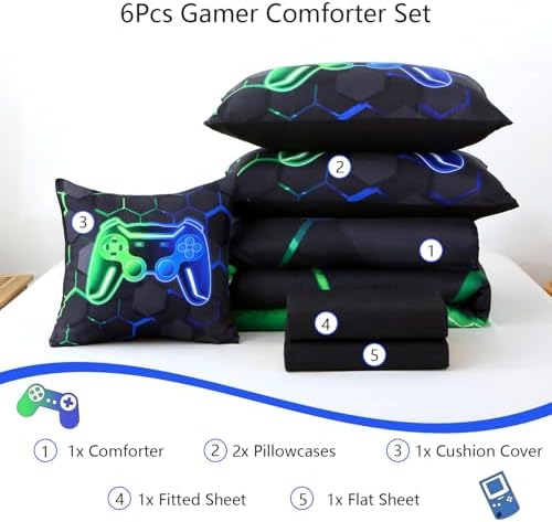 Gaming Twin Bedding Sets for Boys, Green and Blue Gamer Kids Comforter Set, 6 Pieces Game Console Bedding Comforter Sheet Set (Green Blue, Twin)