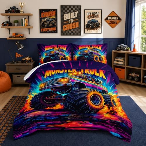Kids Cartoon Truck Comforter Set Queen Size with 2 Pillowcases.