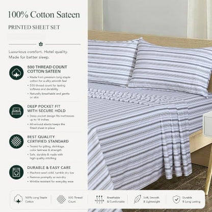 Feather & Stitch 100% Cotton Sateen 500 TC Queen Size Bed Sheet Set