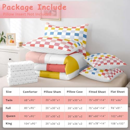 Feelyou Multicolored Checkered Retro Comforter Set with Sheets 7 Piece King Size Geometric Cute Bed in a Bag Kids Boys Girls Colorful Bedding Set Modern Groovy Aesthetic Bedroom Decor Breathable Soft