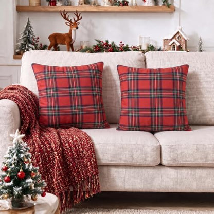 AVOIN colorlife Christmas Red Green Plaid Decorative Throw Pillow Covers, 16 x 16 Inch Holiday Scottish Tartan Cushion Case Farmhouse Decoration for Sofa Couch Set of 2