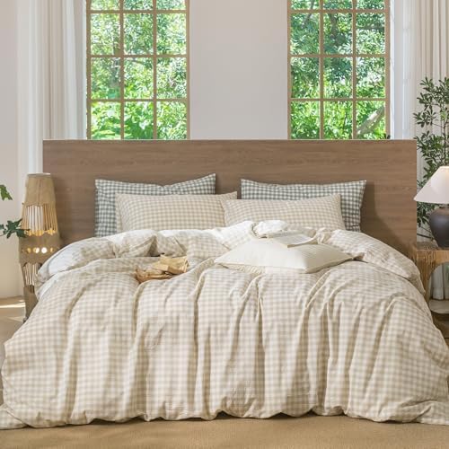 MooMee Gingham Duvet Cover Set 100% Washed Cotton Linen Like