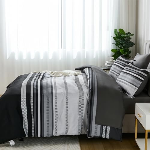 Dobuyly Black Comforter Full Size Set 7 Pieces, Boho Striped Grey Bed in a Bag Full Soft Microfiber Bedding Set for Mens with Comforter, Sheets, Pillowcases & Shams All Season