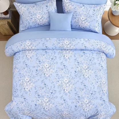 Queen Size Comforter Set 8 Pieces Blue Floral Bed in a Bag Comforter Sets