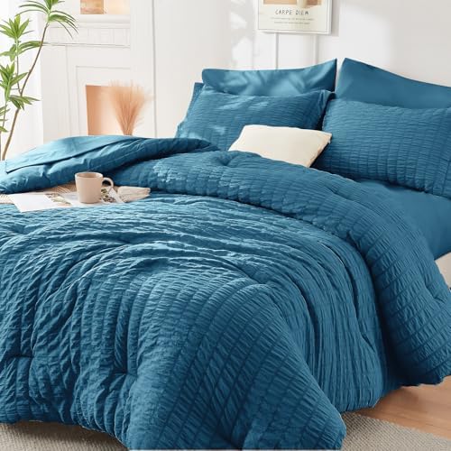 HYMOKEGE Teal Oversized King Comforter Set Seersucker 7 Pieces, All Season Luxury Bed in a Bag for Bedroom, Bedding Set with Comforter, Sheets, Pillowcases & Shams