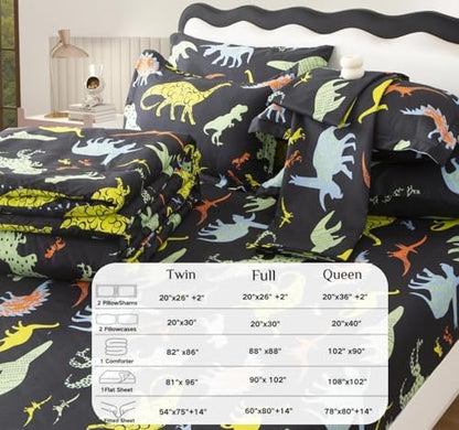 SDY 7PCS Twin Dinosaur Bedding Set，Soft Dino Bedding for Kids,Boys and Girls with Dinosaur 1Comforter 1FittedSheet 1FlatSheet 2Pillowcases 2PillowShams