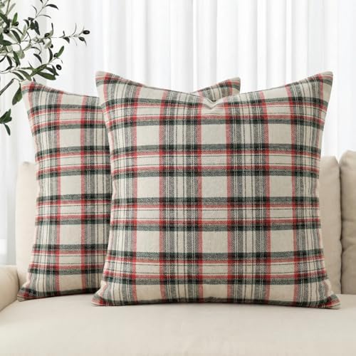AVOIN colorlife Spring Summer White Red Green Plaid Decorative Throw Pillow Covers, 18 x 18 Inch Holiday Scottish Tartan Cushion Case Farmhouse Decoration for Sofa Couch Set of 2