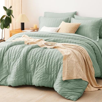 CozyLux Oversized King Comforter Set 120x98, 7-Piece Sage Green Seersucker