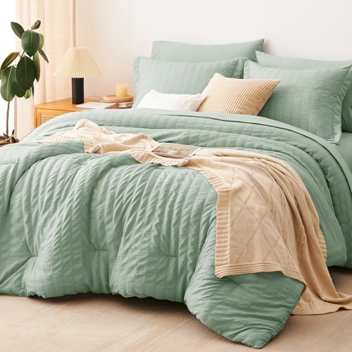 CozyLux California King Comforter Set, Sage Green Seersucker Bed in a Bag