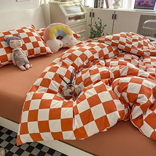 Wellboo Orange White Plaid Comforter Sets Queen Women Girls Light Red Checkerboard Bedding Comforters Cotton Rust Caramel and White Checkered Geometric Quilts Adults Modern Grid Abstract Simple Bed