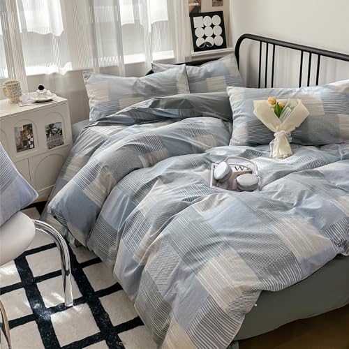 mixinni Twin XL Comforter Set Soft Aesthetic Blue Geometric Checkered Plaid Printed Bedding Comforter for Men Boys, 1 Soft Microfiber Reversible Comforter with 2 Pillowcases for All Seasons