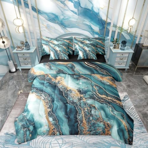 Erosebridal Marble Comforter Set Queen Size,Abstract Marble Texture Bedding Set for Kids Teens,Fluid Ink Art (Comforter+Fitted+Flat Sheet+2 Pillowcases+2 Throw Pillow Covers) 7 Pieces Bed Set