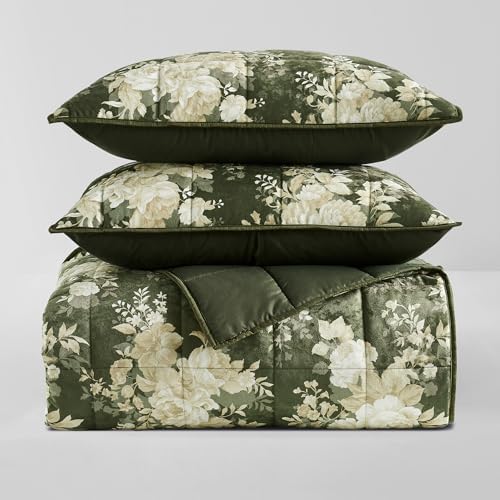 Wonderful Luxury Velvet Quilt Set with Elegant Floral Printed,Queen Quilt Set with Shams,Green Soft Cozy for Bedspread/Light Comforter,All-Season,Pet-Friendly,Fit for Adults Teens Kids Bedroom,94"x94"