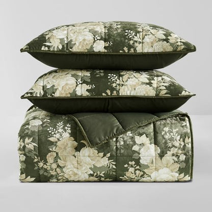 Wonderful Luxury Velvet Quilt Set with Elegant Floral Printed,Queen Quilt Set with Shams,Green Soft Cozy for Bedspread/Light Comforter,All-Season,Pet-Friendly,Fit for Adults Teens Kids Bedroom,94"x94"