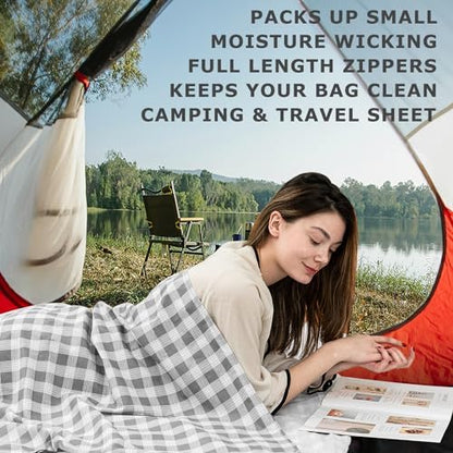 100% Cotton Sleeping Bag Liner with Full Length Zipper on 3 Sides; Single/Double Adult Sleep Sack for Travel & Camping, Multifunctional Travel Sheets (Unzipped 87”x87”) for Hotel, Lightweight