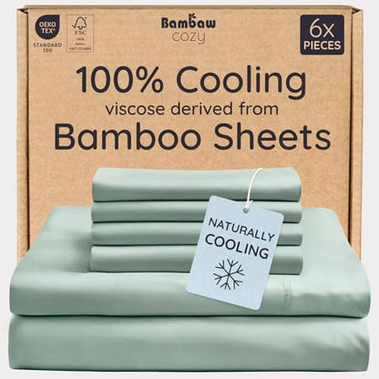 Bambaw 100% Viscose Derived from Bamboo Sheets Queen Size Set – 6pcs Deep Pocket Cooling Queen Sheets, Fits Up to 16'' with Elastic Corner Straps, Buttery Soft & Breathable (Sea Glass)