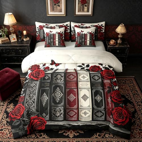 Erosebridal Book Art 7 Piece Bedding Set Twin Romantic Rose Comforter Set with Sheets Dark Retro Floral Bed in a Bag Black Red Ancient Bed Sets Comforter