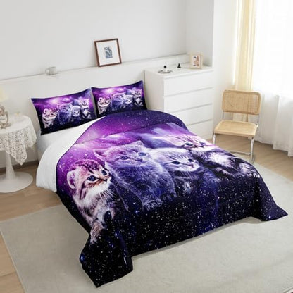 Cat Comforter Cute Pet Cats Pattern Bedding Set Outer Space Kawaii Kitten Comforter Set for Children Kids Boys Girls Cartoon 3D Animal Theme Galaxy Duvet Set Purple Room Decor Quilt Set Full Size