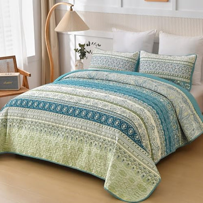 WONGS BEDDING Boho Quilt Queen Size,3 Pcs Aqua Bedspread Bedding Set