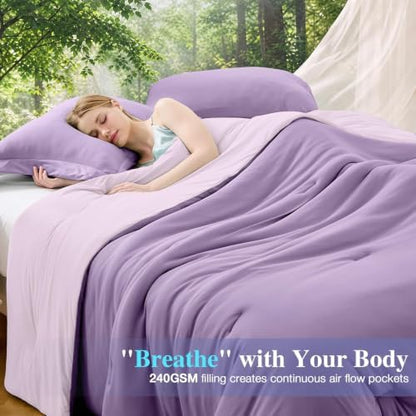 MUXHOMO Cooling Comforter Set Queen Size, Lightweight Summer Comforter for Hot Sleeper, Reversible Bedding with ICY Cooling Surface, Includes 1 Comforter (90"x90") and 2 Shams (20"x 26"), Lavender