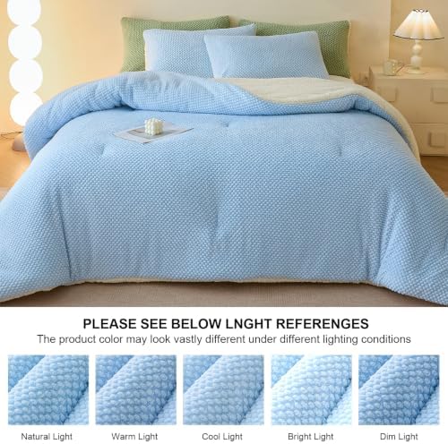 LLanCL 3D Jacquard Design Comforter Set, Ultra-Soft Warm King Size Sherpa Fur Plush 3-Pieces Sets Luxury Cozy Bedding with 2 Pillowcases (104"x90", Light Blue)