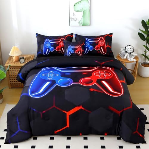 Game Console Boys Queen Comforter Set, 6-Piece Gamer Bed in A Bag, Blue and Red Gaming Bedding Set for Kids, 3D Gamepad Bedroom Decor Teen Boy Comforter Set with Sheets (Blue Red, Queen)