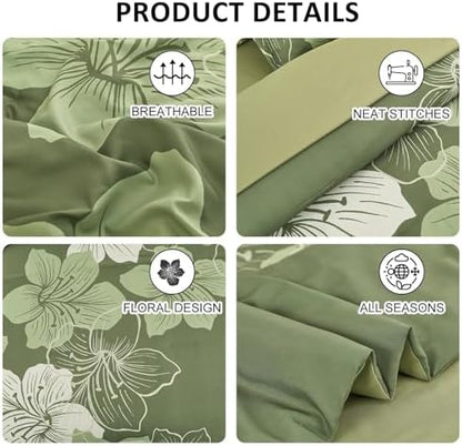Luxudecor Full Size Comforter Set Olive Green, 7 Pieces Floral Bed in a Bag