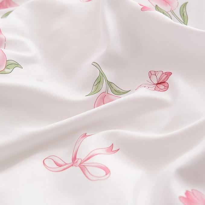 Floral Comforter Set Full Size - 3 Pieces Pink White Floral Tulips Bow Comforter Bedding Sets Reversible Pattern,Full Bed in a Bag with Flowers Comforter and 2 Pillowcases