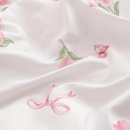 Floral Comforter Set Full Size - 3 Pieces Pink White Floral Tulips Bow Comforter Bedding Sets Reversible Pattern,Full Bed in a Bag with Flowers Comforter and 2 Pillowcases