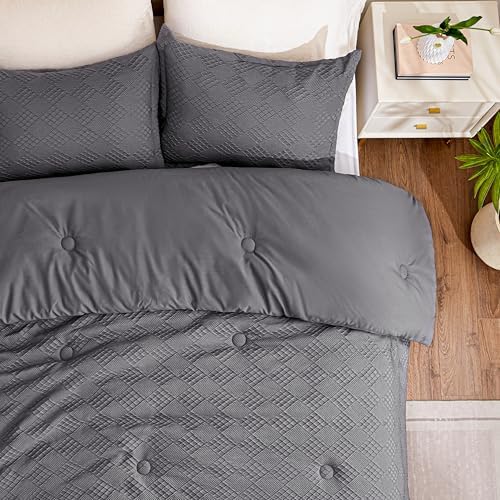 EXQ Home Waffle Comforter Queen Size - Super Soft Embossed Design Comforter Set 3 Pieces, Grey 3D Diamond Pattern Bedding Set,Winter Warm Bed Set,1 Comforter with 2 Pillowcases
