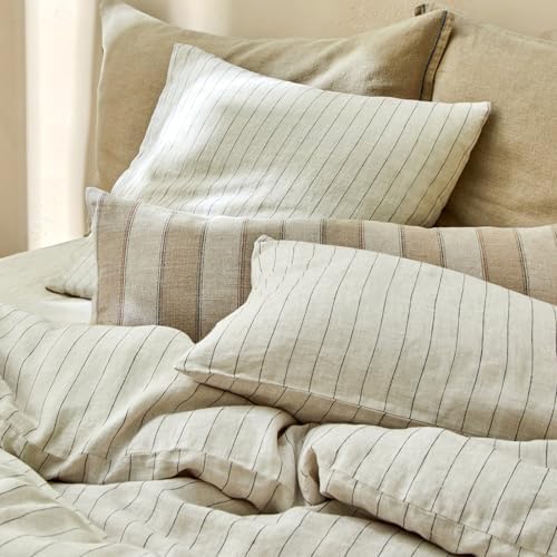 mixinni 3 Piece Striped Duvet Cover Set, Neutral Washed Cotton Linen Blend Bedding, Vintage Stripe Comforter Cover with 2 Pillowcases, Soft Breathable Farmhouse Bed Set for All Season-Queen Size