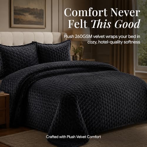 Tribeca Living Lugano Oversized Velvet Quilt Set - All Season, Extra Large, 3 Piece King Size Comforter Set with 2 Pillow Shams in Black Honeycomb Pattern 260GSM