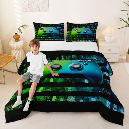 Gaming Comforter Set Full Size For Boys Kids Game Room Decor United States Bedding Set Video Game Gamer Down Comforter Camouflage Stripes Teens Bedroom Decor Gamepad Bedding Set With 2 Pillow Cases