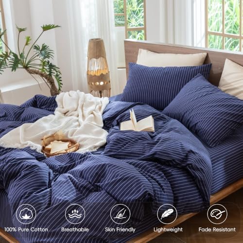 MooMee Striped Duvet Cover Set 100% Washed Cotton Linen Like King