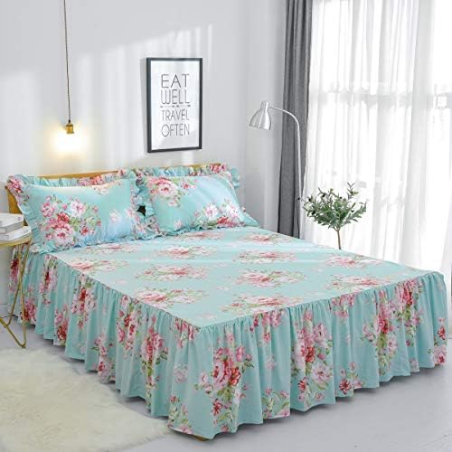 FADFAY Farmhouse Shabby Pink Floral Chic Bedskirt Set 100% Cotton Exquisite Craft Ultra Soft 4-Piece Full Size