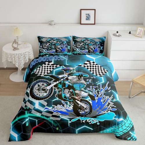Racing Bedding Set Teal Neon Lights Honeycomb Comforter Set Motorbike Dirt Bike Quilt Geometric Hexagon Moto Extreme Sports Full Size Duvet Insert,Black White Grid Lattice Buffalo Plaid Decor