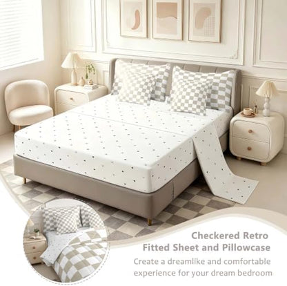 Feelyou Checkered 7 Piece Bedding Set Teen Women Men Beige Plaid Comforter Set with Sheets King Size Kids Boys Cute Retro Neutral Checkerboard Geometric Bed in a Bag Vintage Aesthetic Room Decor