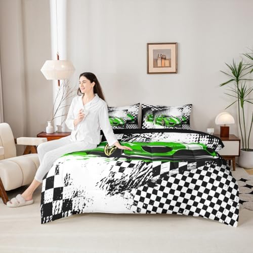 jejeloiu Green Race Car Comforter Set with Sheets Twin Size for Kids Boys Girls Checkerboard Racing Flag 7 Pieces Bedding Set Cartoon Bed in a Bag Bedroom Decor Soft Lightweight Microfiber